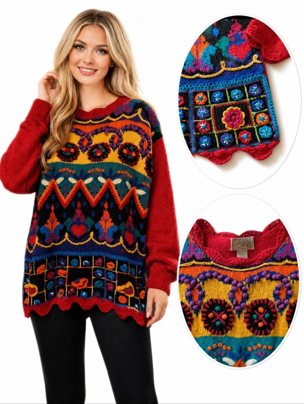 Vtg 90s Whimsical Red sweater Embroidered Ramie tunic bohemian textured sz S
